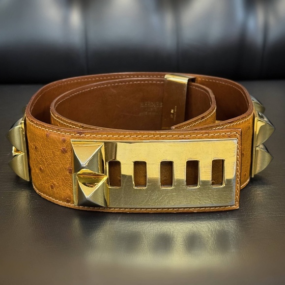 Vintage Hermès Ostrich Collier De Chien Cognac Brown Belt main image 9